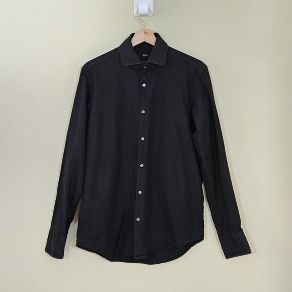 Hugo Boss Shirt Mens 15 1/2 Black LS Button Up Two Ply Cotton Rounded Hem Twill - Picture 15 of 16